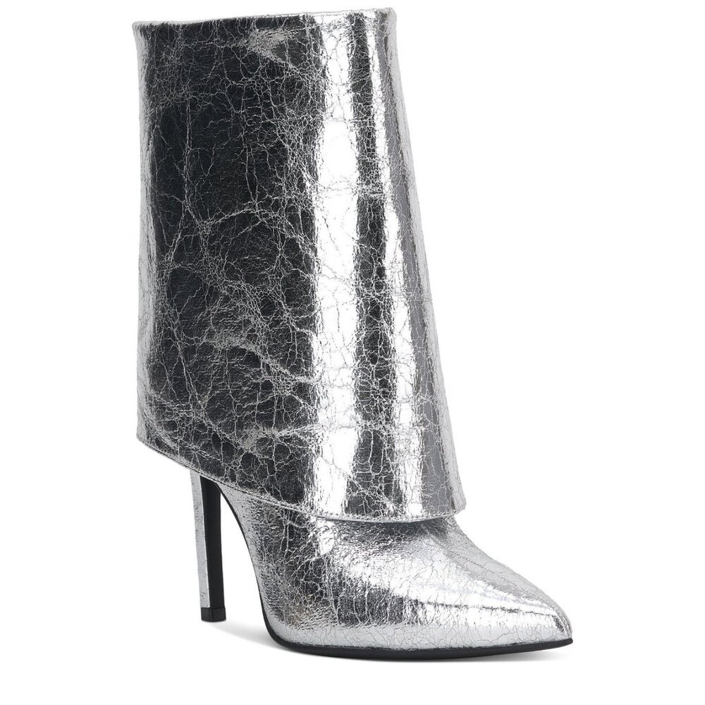 Metallic Silver Crinkle Ankle Boots With Pointed Toe & Stiletto Heel By I.N.C. I